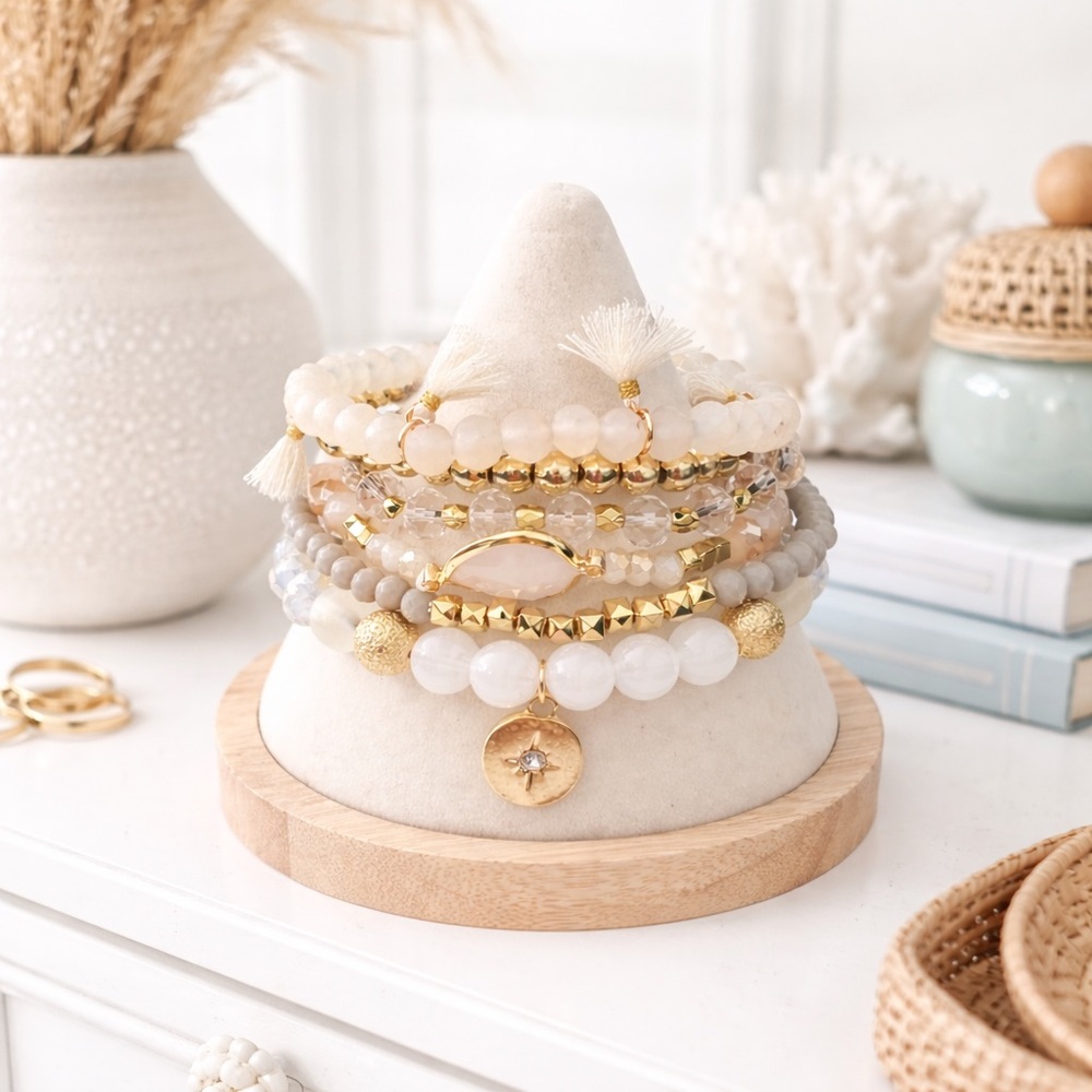 Boho Romantic Neutral White Cream Gray Bracelet Stack Gold Beaded & Gemstone
